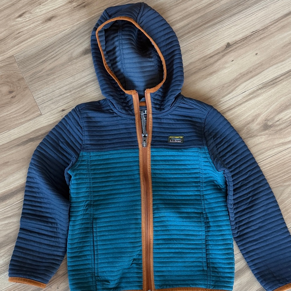 L.L. Bean Kids Navy and Teal Hooded Zip Fleece with Tan Trim
